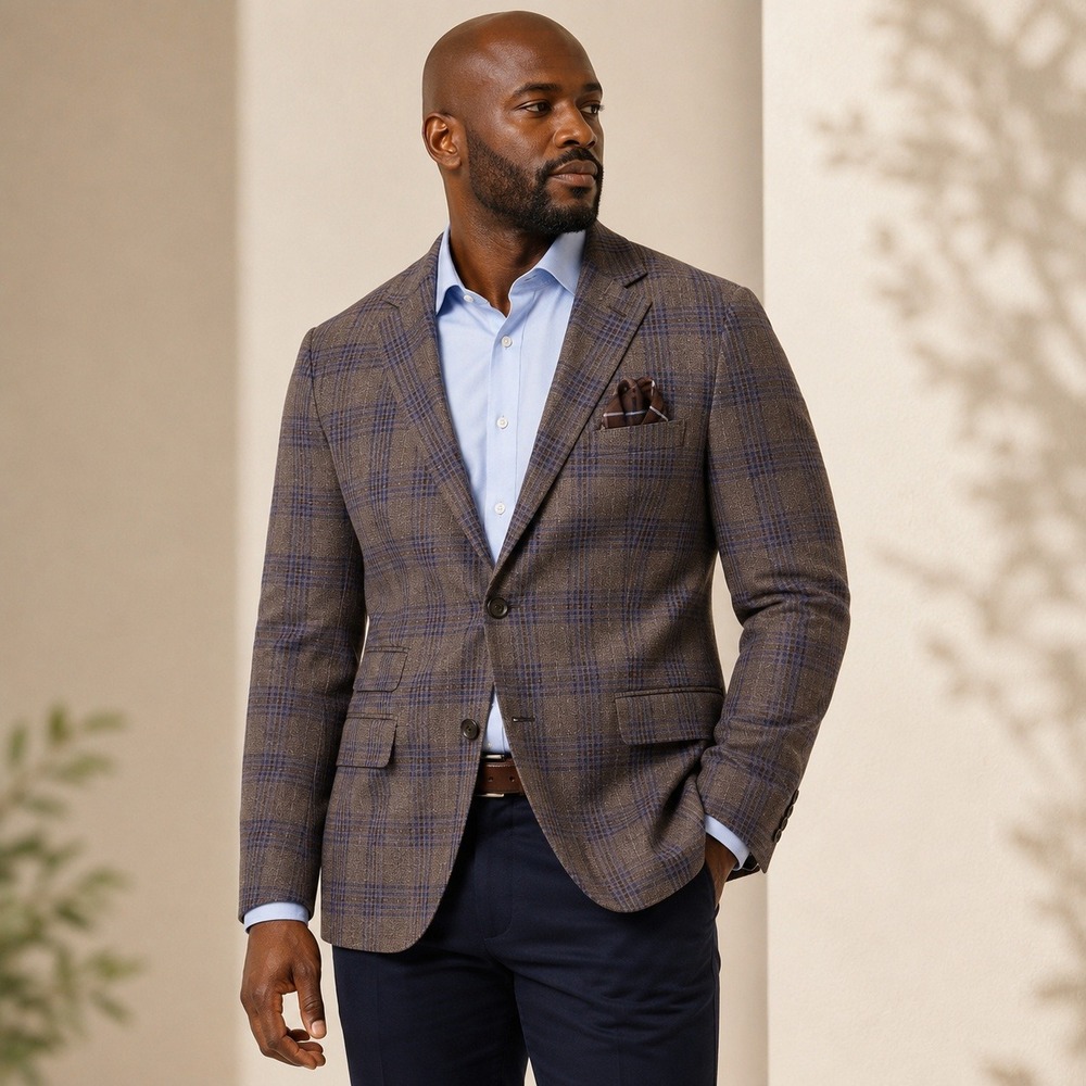 Statement Super 180s Wool Plaid Blazer Mens Tailored Fit Brown Blue Sport Coat